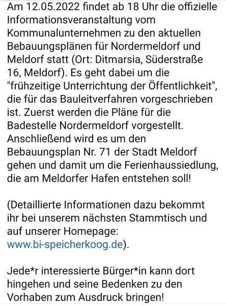 12. Mai Anhörung Bebauung Speicherkoog, 18.00 Uhr Ditmarsia in Meldorf